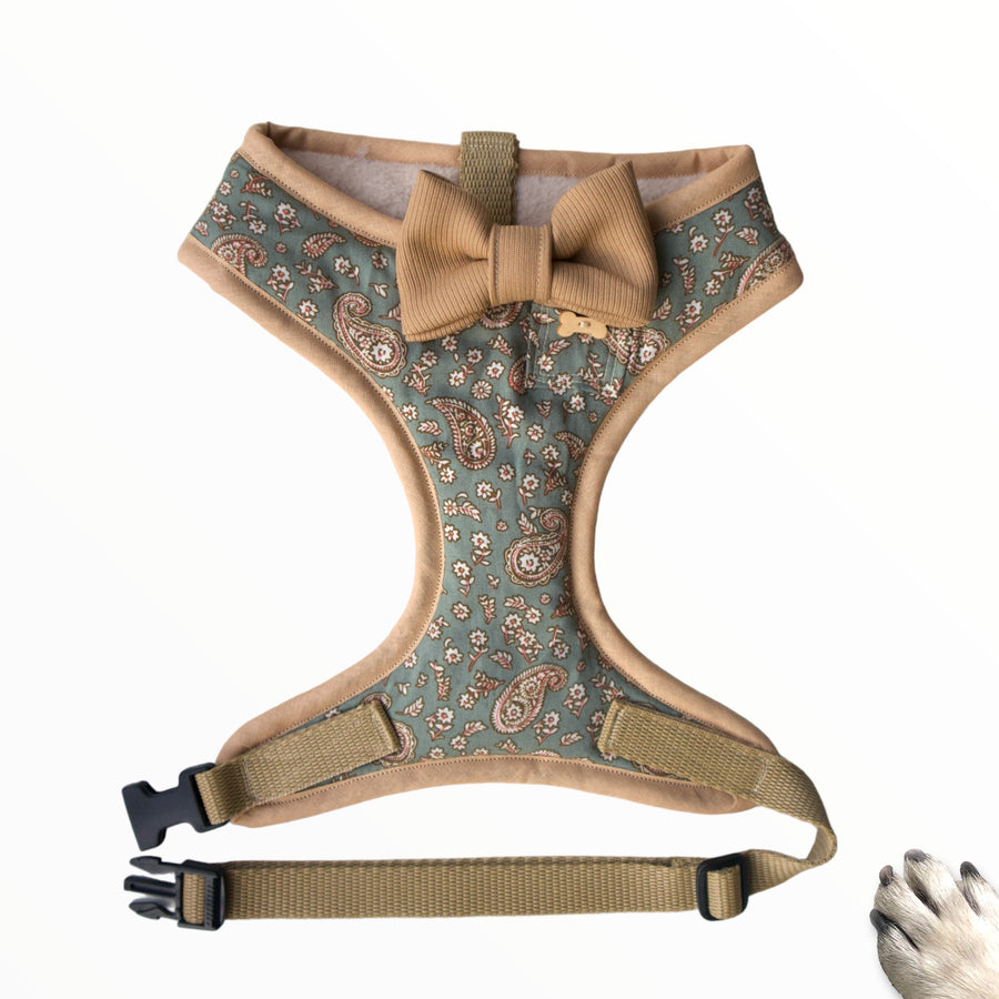 Sir Percival - Hand-made, paisley fabric harness with corduroy  bow-tie, pocket and bone button – XS, S, M, L & Custom