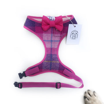 Lady Fenella - Hand-made, Scottish tweed harness with hot pink bow, pocket and bone button – XS, S, M, L & Custom