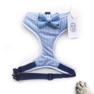 Sir Gunner - Hand-made, ticking fabric harness with chambray bow-tie, pocket and bone button – XS, S, M, L & Custom