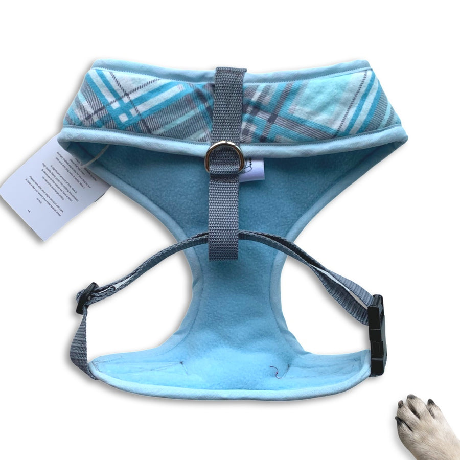 Sir Rafferty - Hand-made, blue plaid harness with blue bow-tie, pocket and bone button – XS, S, M, L & Custom