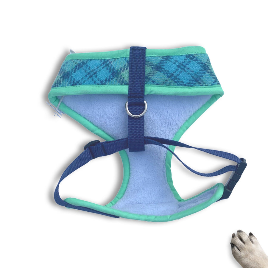 LIMITED STOCK - Sir Dylan - Hand-made, blue & turquoise tweed harness with green bow-tie, pocket and bone button – XS, S, M, L & Custom