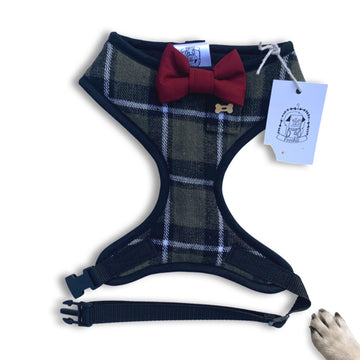 Sir Sherlock - Hand-made, green, white & black plaid harness with burgundy bow-tie, pocket and bone button – XS, S, M, L & Custom