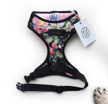 Lady Harper - Hand-made, luxury floral crushed velvet harness with our Poochu signature logo tag & black bow on back  – XS, S, M, L, XL & Custom