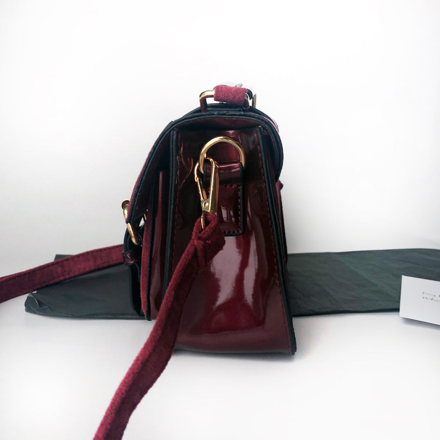 The Madison Burgundy - Luxury, faux suede satchel bag with gold signature logo tag