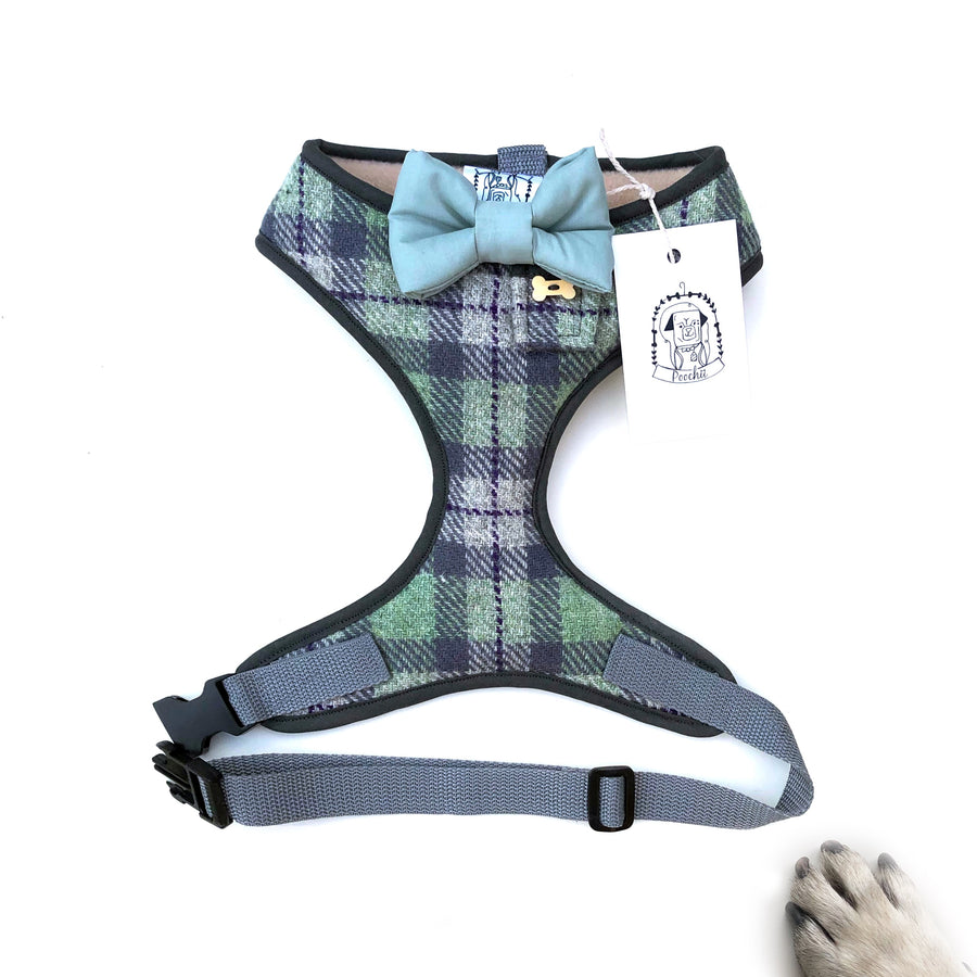 Sir Dougal - Hand-made, genuine Harris tweed harness with sage bow-tie, pocket and bone button – XS, S, M, L, XL & Custom