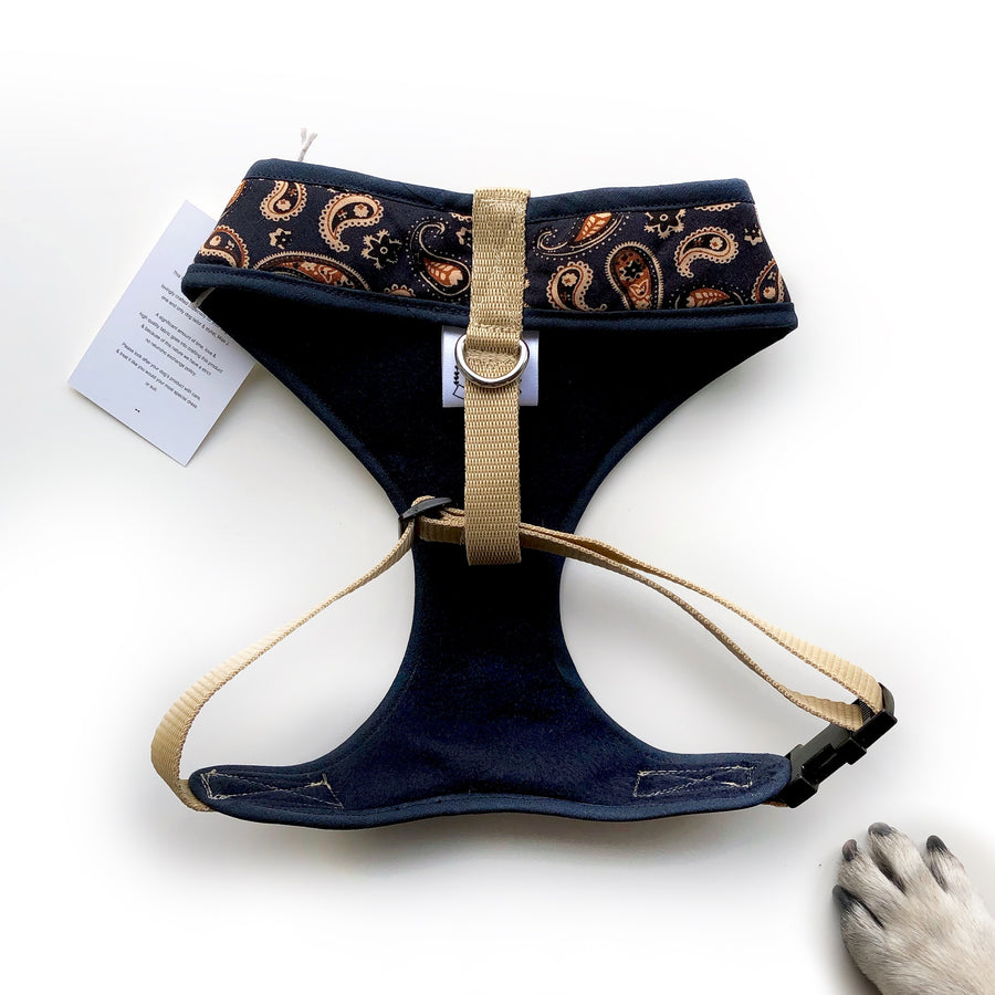 Sir Hugo - Hand-made, paisley fabric harness with corduroy bow-tie, pocket and bone button – XS, S, M, L & Custom