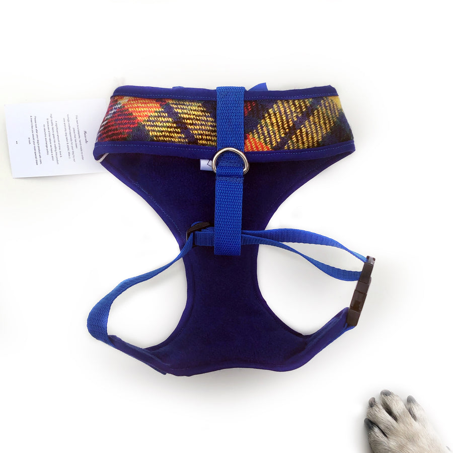 Sir Finlay - Hand-made, Scottish tweed harness with blue bow-tie, pocket and bone button – XS, S, M, L & Custom