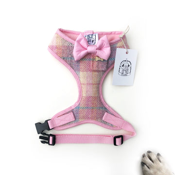 Lady Moira - Hand-made, Scottish tweed harness with baby pink bow, pocket and bone button – XS, S, M, L & Custom