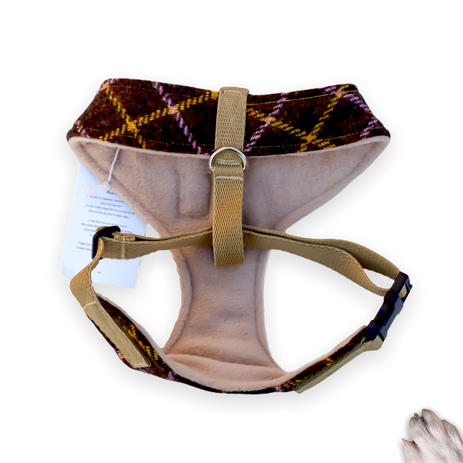 Sir Fraser - Hand-made, genuine Harris tweed harness with mustard bow-tie, pocket and gold Poochu button label – XS, S, M, L, XL & Custom