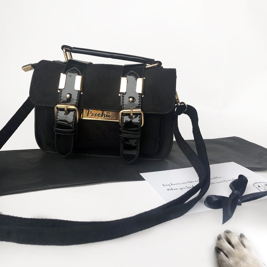 The Madison Black - Luxury, faux suede satchel bag with gold signature logo tag
