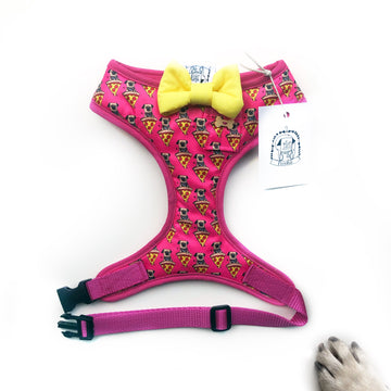 Pizza Pug Girls - Hand-made, pizza pug print harness with yellow bow-tie, pocket and bone button – XS, S, M, L & Custom