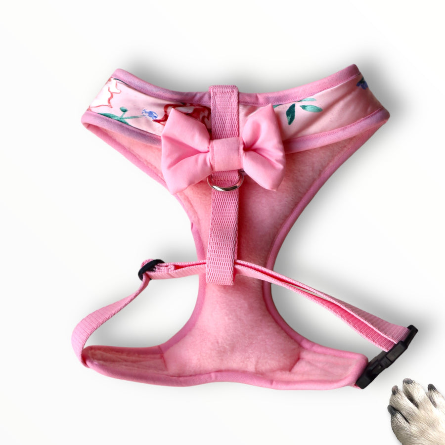 Lady Arabella - Hand-made, gorgeous pink floral harness with Poochu signature label & bow on back  – XS, S, M, L, XL & Custom