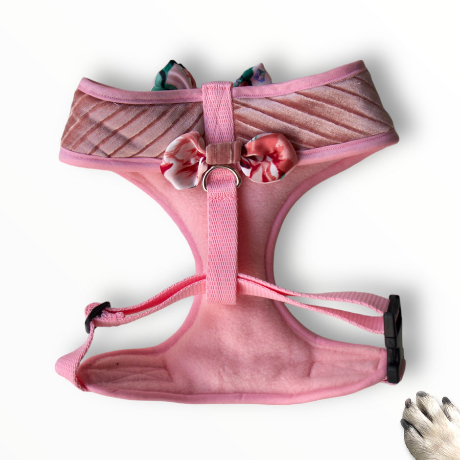 Lady Genevieve - Hand-made, gorgeous crushed velvet pink harness with pocket and bone button & silk floral bow – XS, S, M, L, XL & Custom
