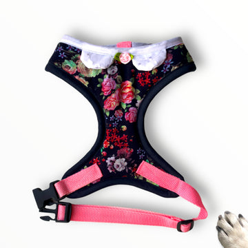 Lady Constance - Hand-made, gorgeous floral harness with pixie collar, pocket and bone button – XS, S, M, L, XL & Custom