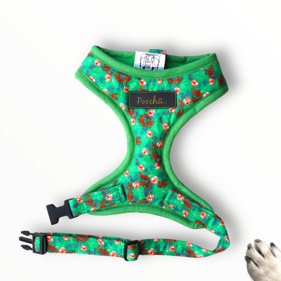Lady Holly - Hand-made, green floral harness with Poochu signature label & bow on back  – XS, S, M, L, XL & Custom