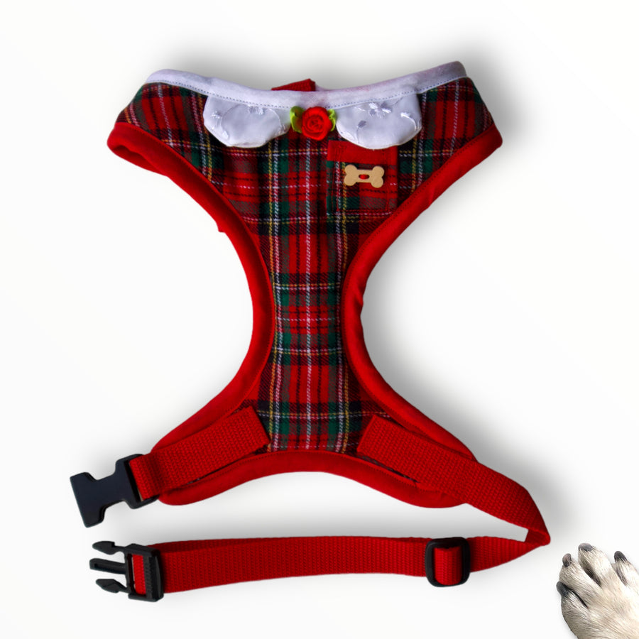 Lady Noelle - Hand-made, red tartan harness with pixie collar, pocket and bone button – XS, S, M, L, XL & Custom
