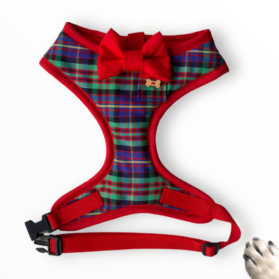 Sir Jasper- Hand-made, colourful plaid harness with red bow-tie, pocket and bone button – XS, S, M, L, XL & Custom