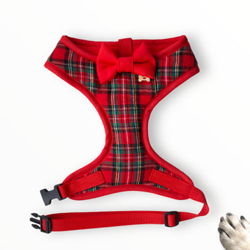 Sir Gabriel - Hand-made, authentic red tartan harness with red bow-tie, pocket and bone button – XS, S, M, L, XL & Custom