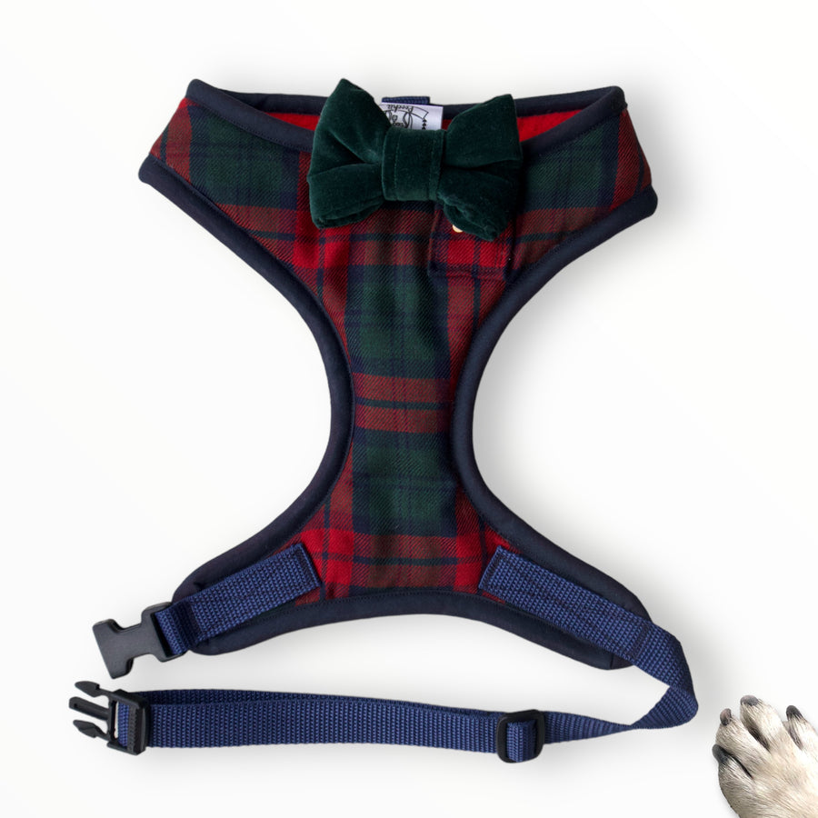 Sir Reginald- Hand-made, authentic Poochu red, navy blue and green tartan harness with green velvet bow-tie, pocket and bone button – XS, S, M, L, XL & Custom