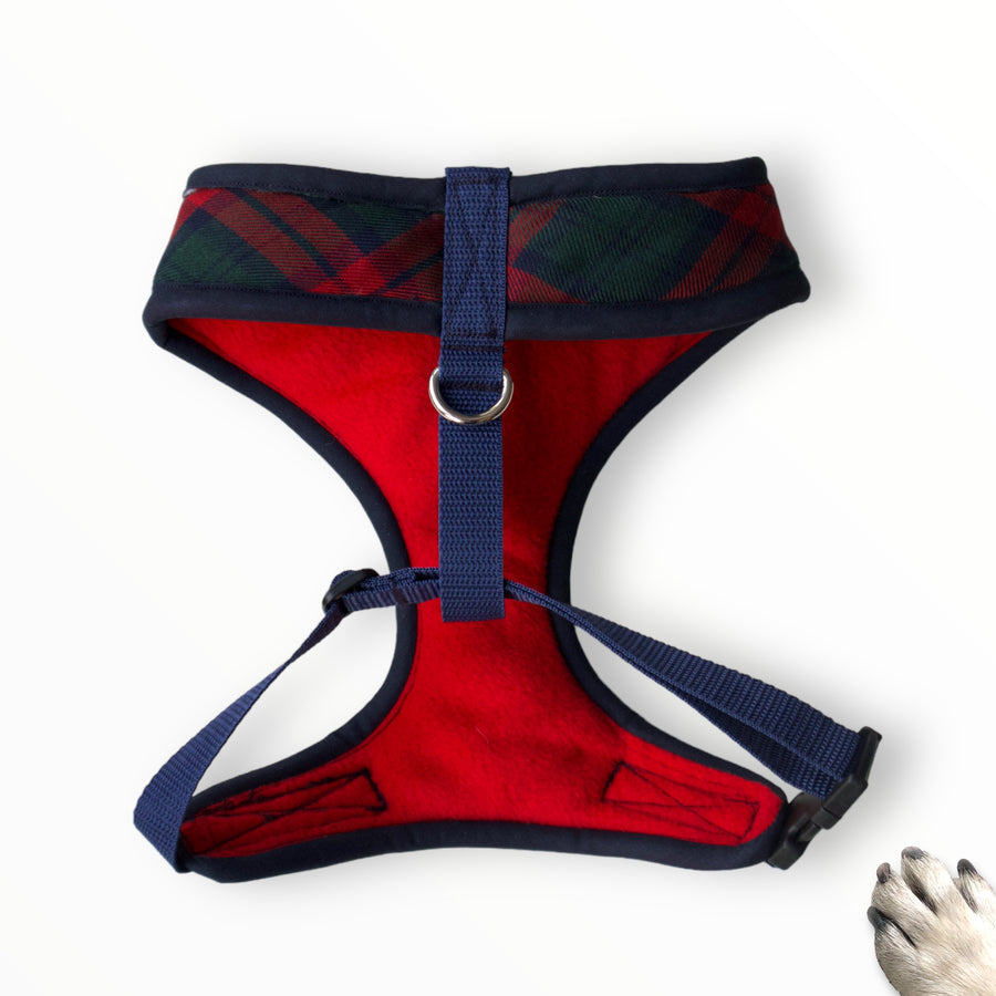 Sir Reginald- Hand-made, authentic Poochu red, navy blue and green tartan harness with green velvet bow-tie, pocket and bone button – XS, S, M, L, XL & Custom