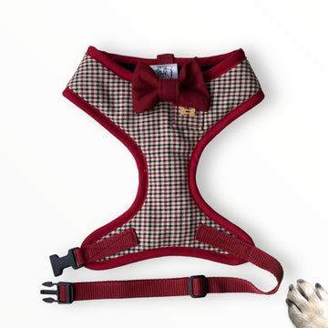 Sir Harrington - Hand-made, authentic burgundy, black and beige houndstooth harness with burgundy bow-tie, pocket and bone button – XS, S, M, L, XL & Custom