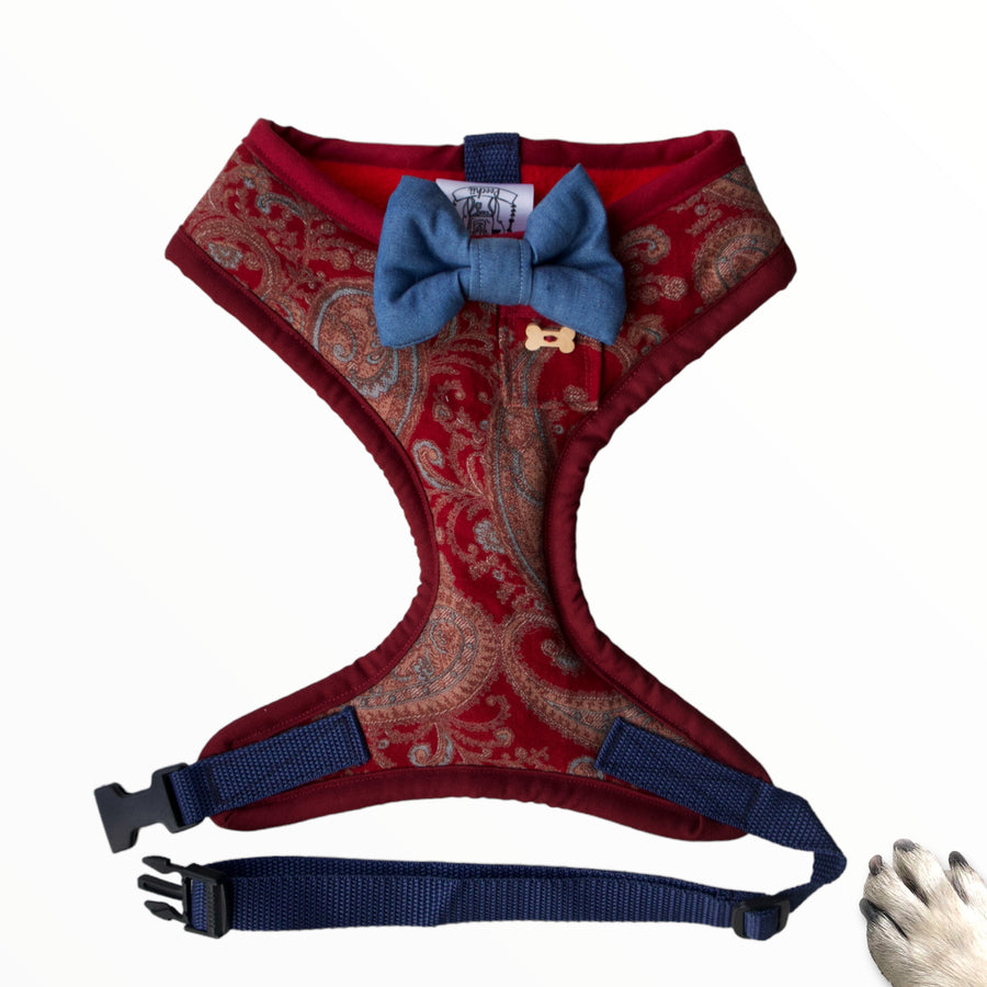 Sir Beaumont - Hand-made, paisley fabric harness with denim bow-tie, pocket and bone button – XS, S, M, L & Custom