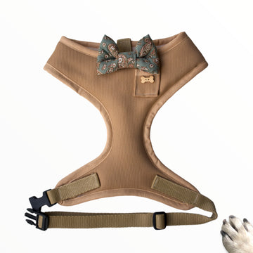 Sir Cedric - Hand-made, corduroy fabric harness with khaki paisley bow-tie, pocket and bone button – XS, S, M, L & Custom