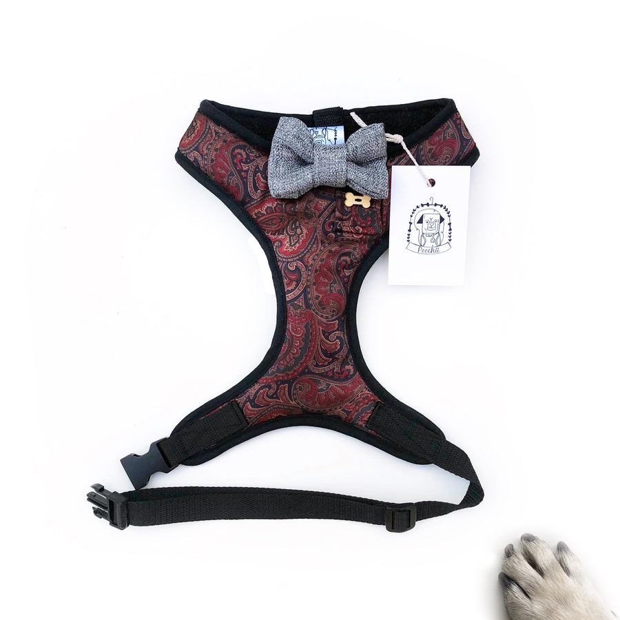 Debonair Damien - Hand-made, luxury silk harness with tweed bow-tie, pocket and bone button – XS, S, M, L & Custom