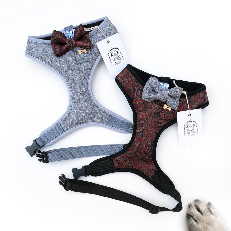 Debonair Damien - Hand-made, luxury silk harness with tweed bow-tie, pocket and bone button – XS, S, M, L & Custom