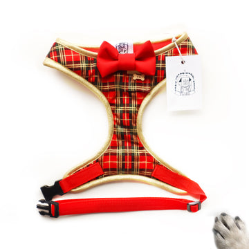 Sir Emmanuelle - Hand-made, red and gold foil tartan harness with red bow-tie, pocket and bone button – XS, S, M, L, XL & Custom