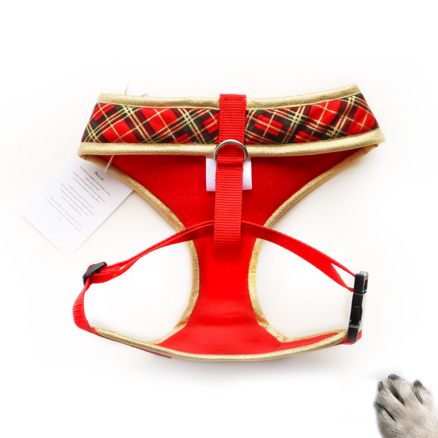 Sir Emmanuelle - Hand-made, red and gold foil tartan harness with red bow-tie, pocket and bone button – XS, S, M, L, XL & Custom