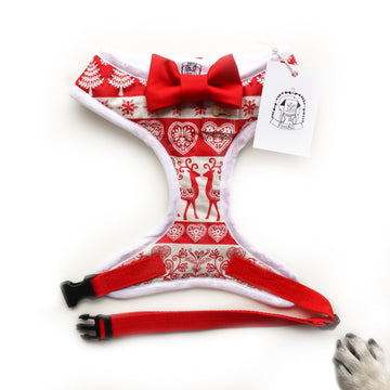 The Aima - Hand-made, Nordic Fair Isle print harness with red bow-tie, pocket and bone button – XS, S, M, L, XL & Custom