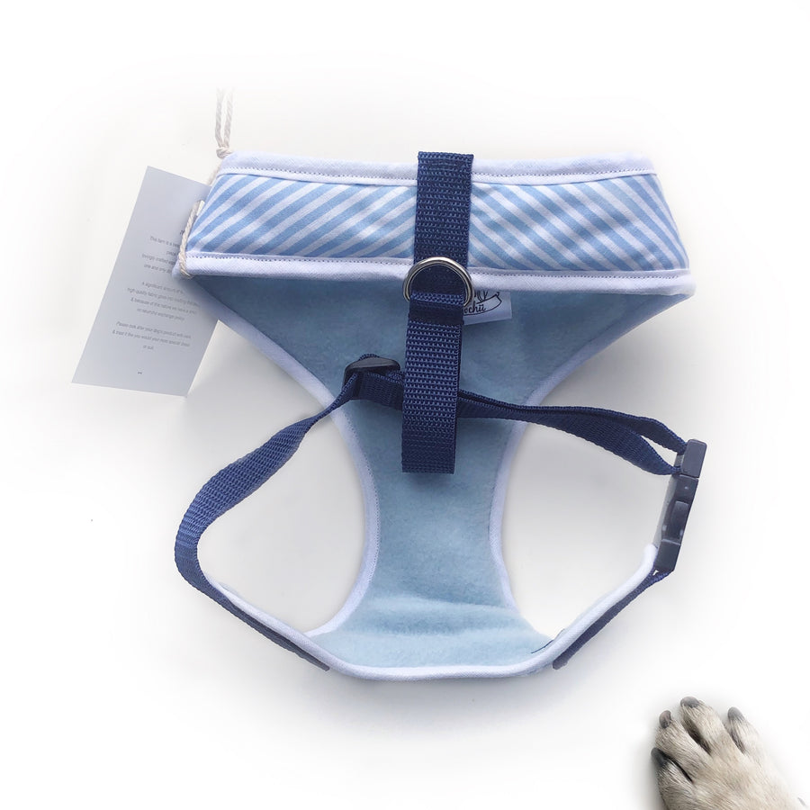 Sir Gunner - Hand-made, ticking fabric harness with chambray bow-tie, pocket and bone button – XS, S, M, L & Custom