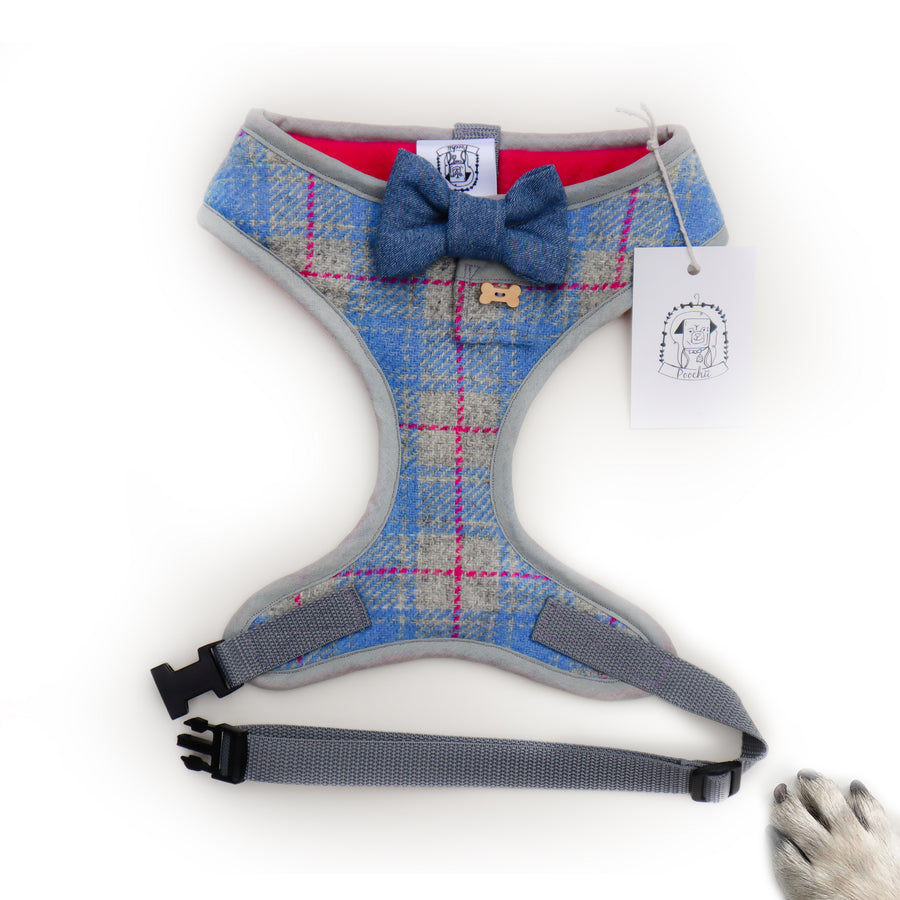 Sir Christian - Hand-made, Scottish tweed harness with denim bow-tie, pocket and bone button – XS, S, M, L & Custom