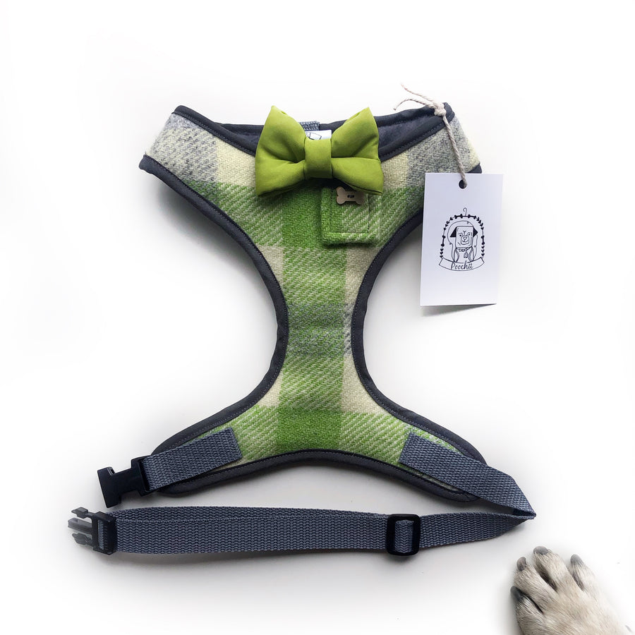Sir Brodie - Hand-made, authentic lime green tweed harness with lime green bow-tie, pocket & bone button – XS, S, M, L, XL & Custom