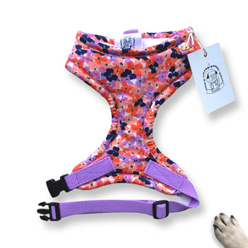 Lady Estelle- Hand-made, lilac & coral floral harness with bow/tag & pocket options – XS, S, M, L, XL & Custom
