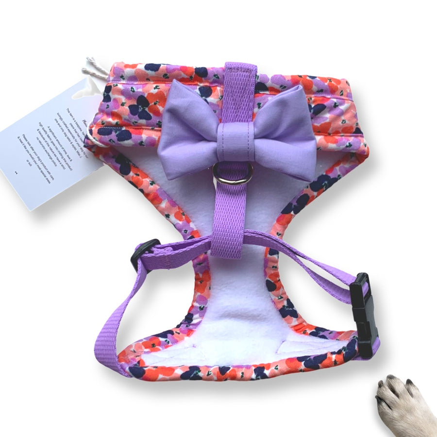 Lady Estelle- Hand-made, lilac & coral floral harness with bow/tag & pocket options – XS, S, M, L, XL & Custom