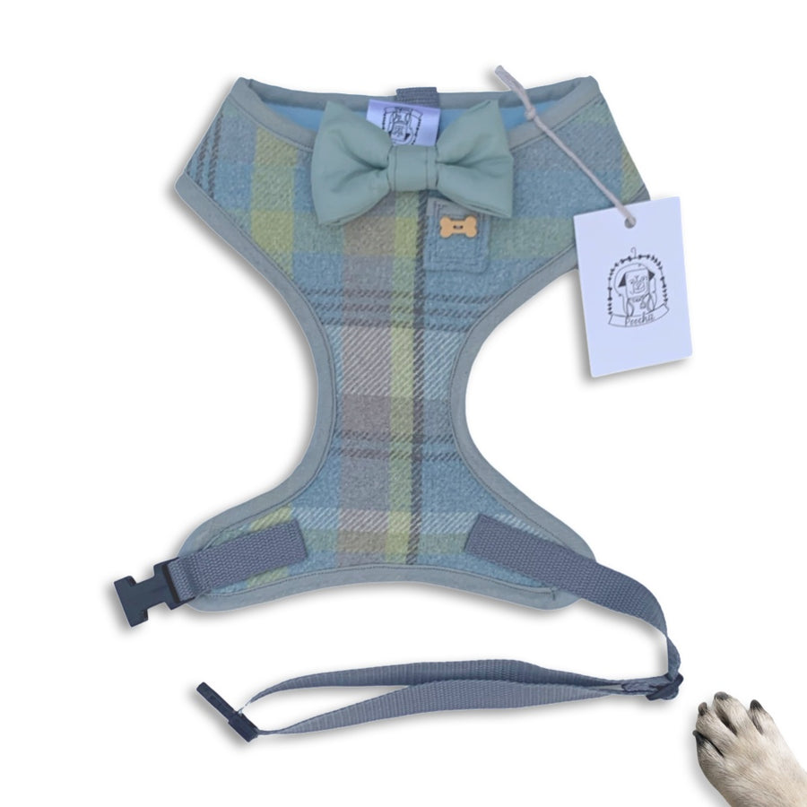 Sir Arran - Hand-made, sage plaid wool harness with sage bow-tie, pocket and bone button – XS, S, M, L & Custom
