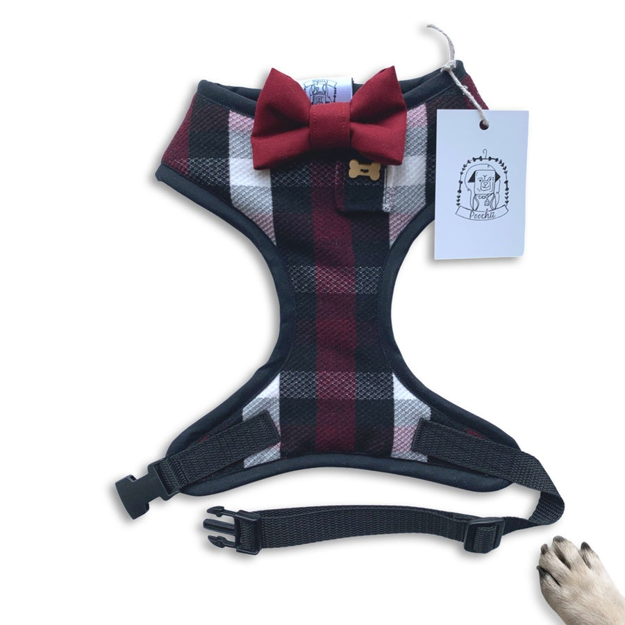 Sir Tavish - Hand-made, plaid wool harness with burgundy bow-tie, pocket and bone button – XS, S, M, L & Custom