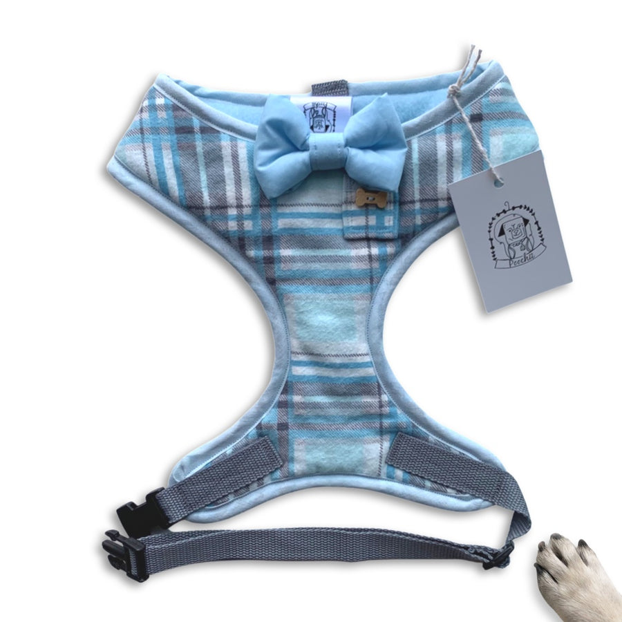 Sir Rafferty - Hand-made, blue plaid harness with blue bow-tie, pocket and bone button – XS, S, M, L & Custom