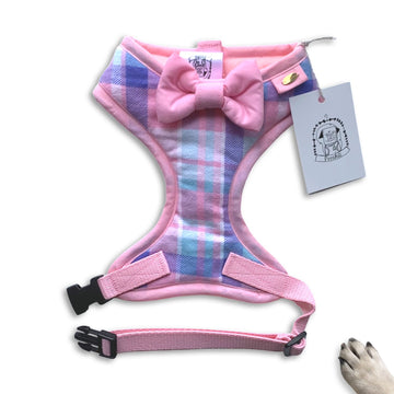 Lady Ella- Hand-made, pink tartan style harness with bow/tag & pocket options – XS, S, M, L, XL & Custom