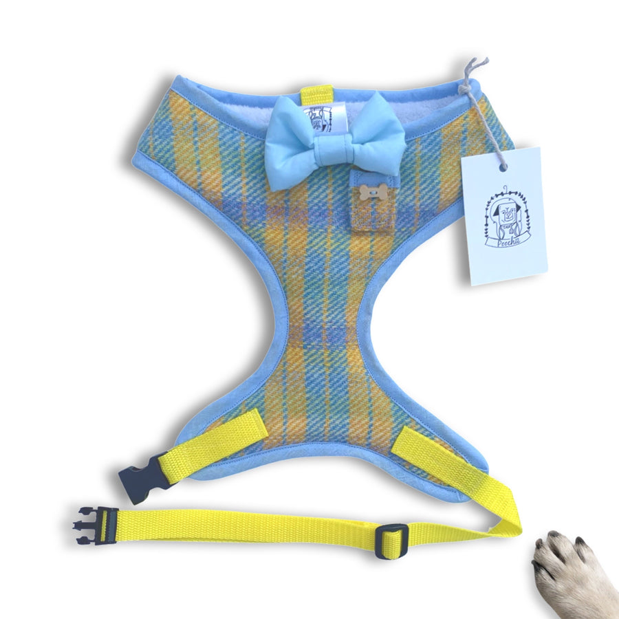LIMITED STOCK - Sir Finn - Hand-made, blue & yellow tweed harness with blue bow-tie, pocket and bone button – XS, S, M, L & Custom