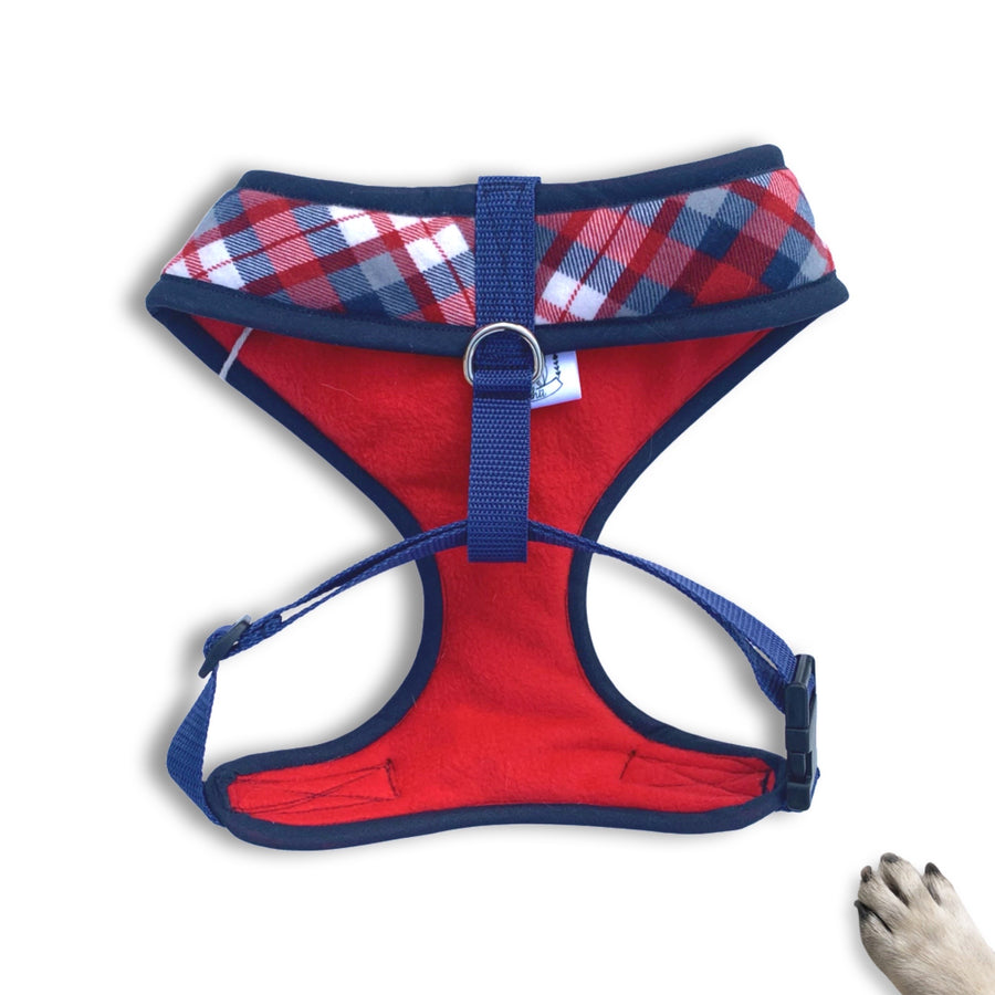 Sir Bertie - Hand-made, red, blue & white plaid harness with denim bow-tie, pocket and bone button – XS, S, M, L & Custom