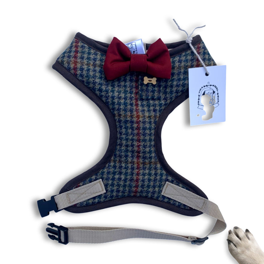 Sir Franklin - Hand-made, houndstooth harness with a burgundy bow-tie, pocket and bone button – XS, S, M, L & Custom