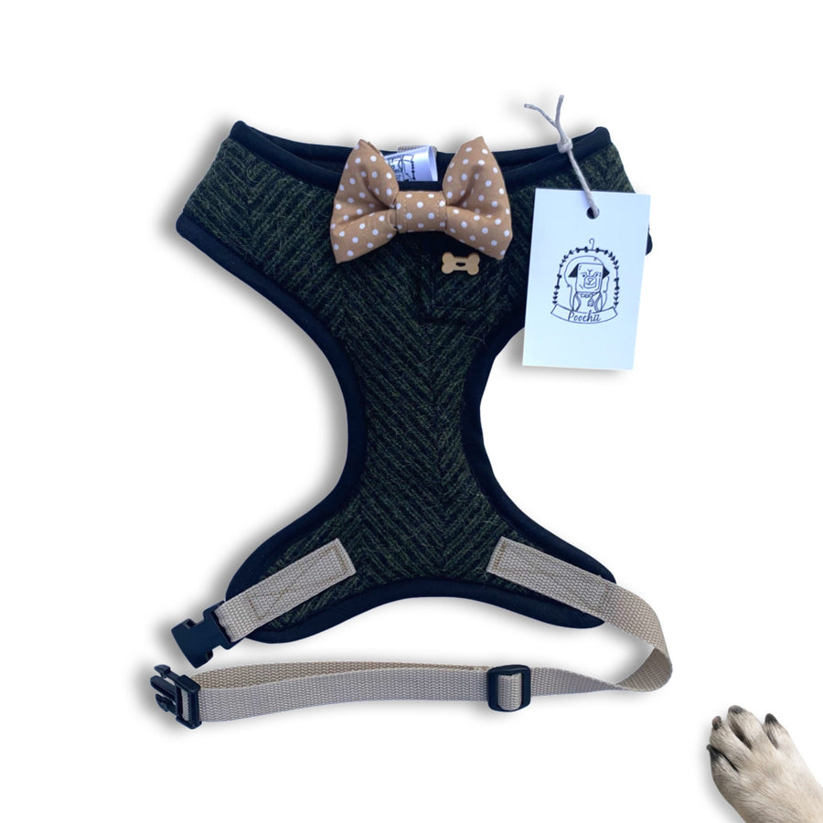 Sir Maxwell- Hand-made, dark green wool harness with beige polka dot bow-tie, pocket and bone button – XS, S, M, L & Custom