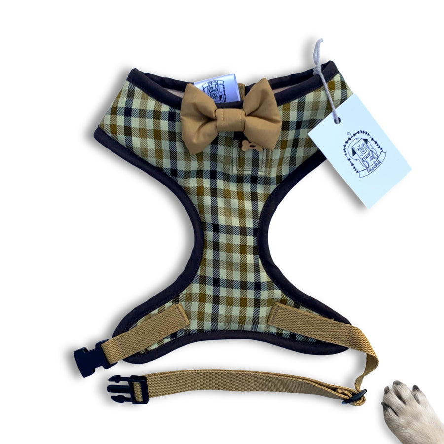 Sir Lennox - Hand-made, caramel, beige & brown gingham harness with caramel beige bow-tie, pocket and bone button – XS, S, M, L & Custom