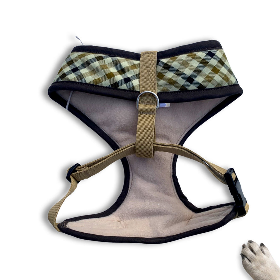 Sir Lennox - Hand-made, caramel, beige & brown gingham harness with caramel beige bow-tie, pocket and bone button – XS, S, M, L & Custom