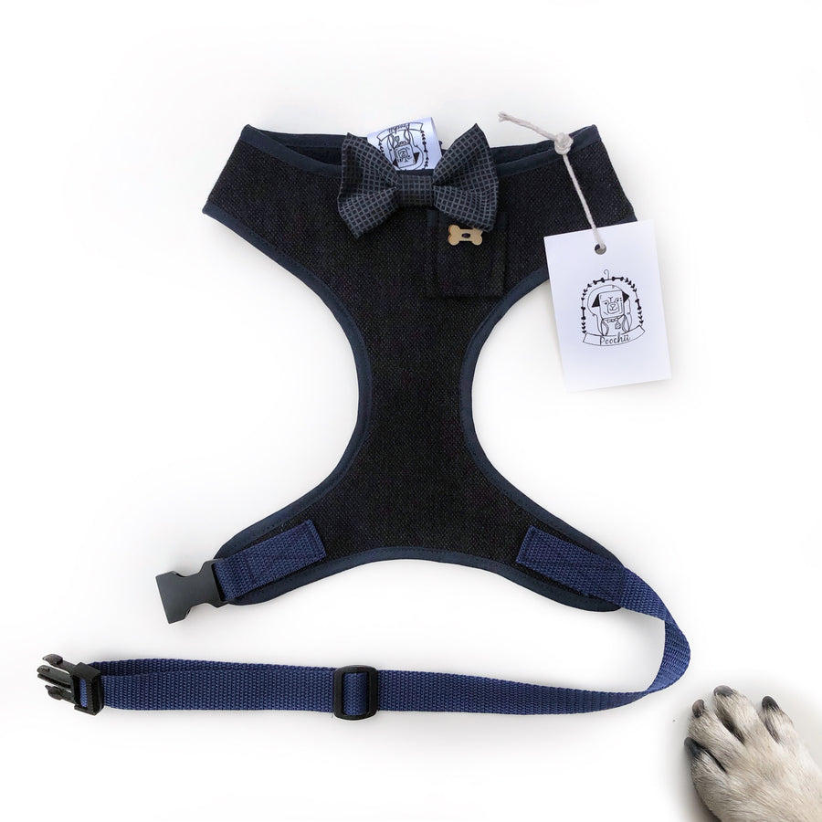 Sir Bill - Hand-made, luxury dark navy fabric harness with grey and navy silk bow-tie, pocket and bone button – XS, S, M, L, XL & Custom