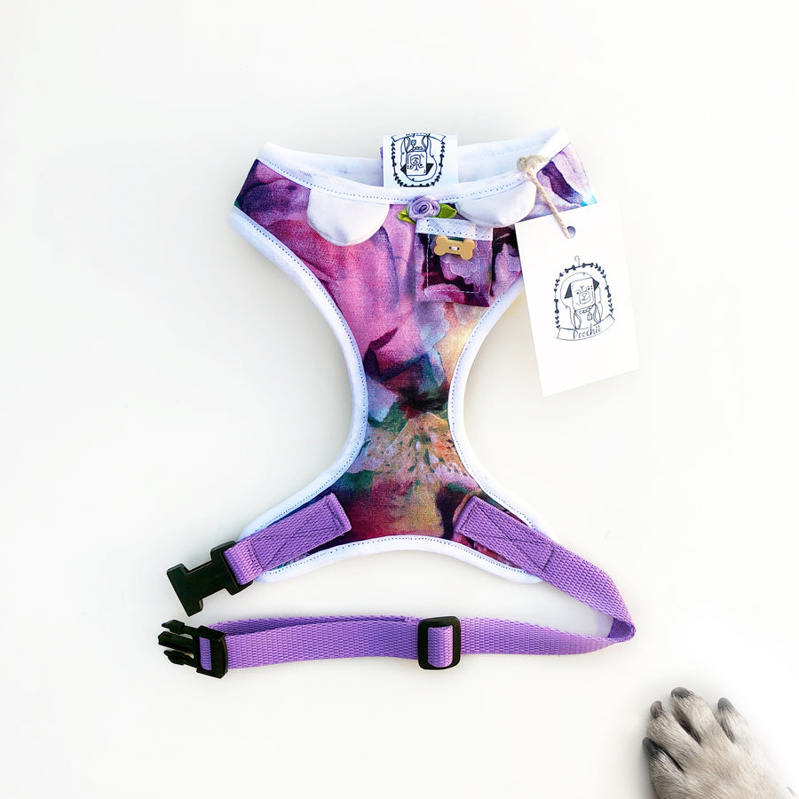 Lady Jasmine - Hand-made, floral print harness with pixie collar, little lilac rose, pocket and bone button