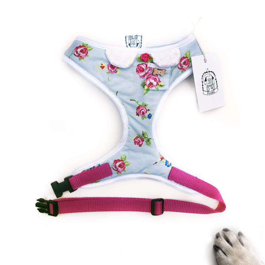 Lady Ella- Hand-made, English rose print harness with pocket and bone button – XS, S, M, L & Custom